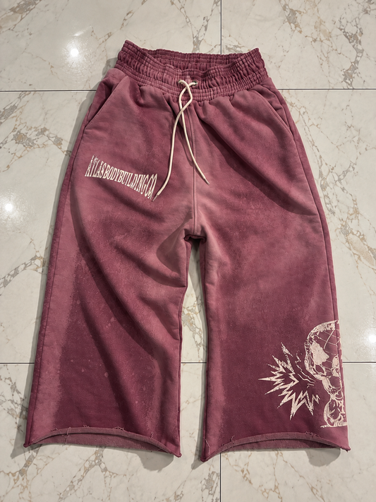 1 o1 Washed Distressed Vintage Wine 3/4 Shorts